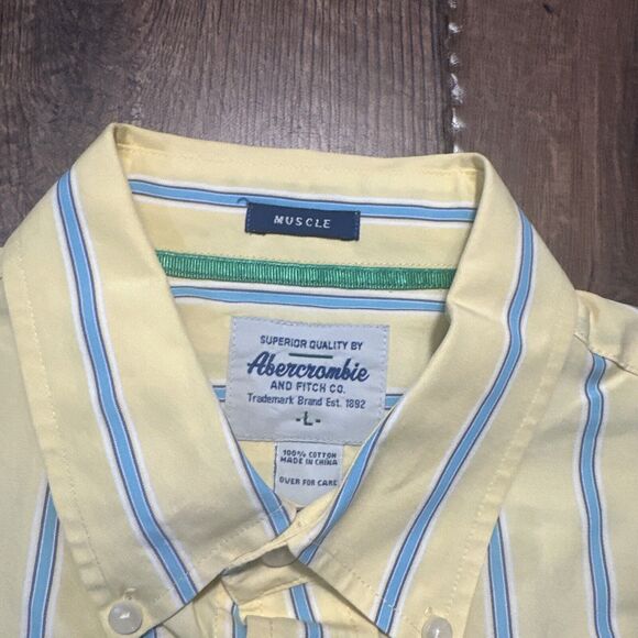 Abercrombie Fitch Muscle Yellow/Blue Striped Button Down Shirt Men Large UGC - Picture 5 of 7